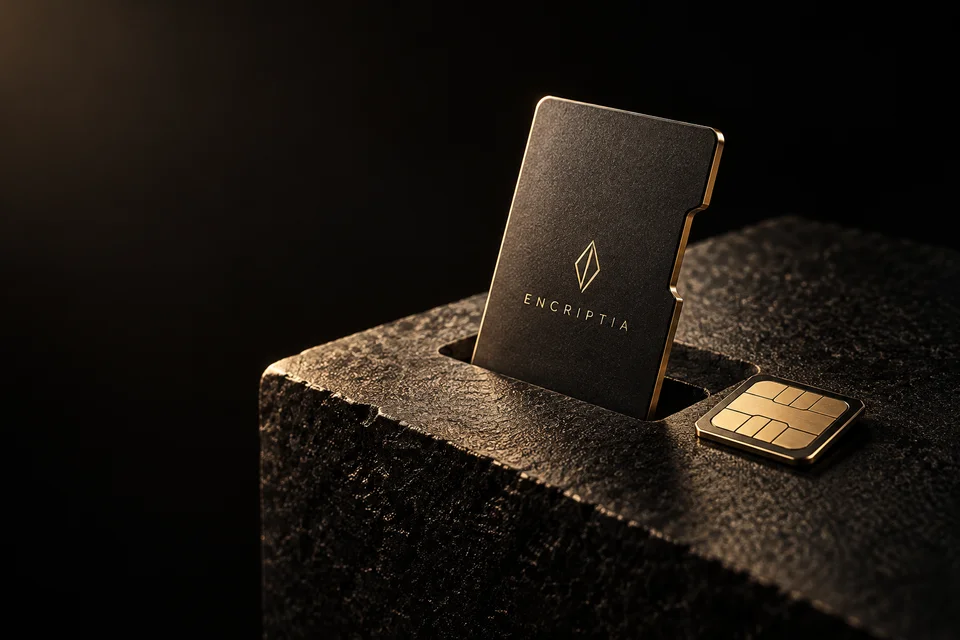 Representación de una tarjeta Encriptia negra y dorada sobre basalto, junto a una nano-SIM.